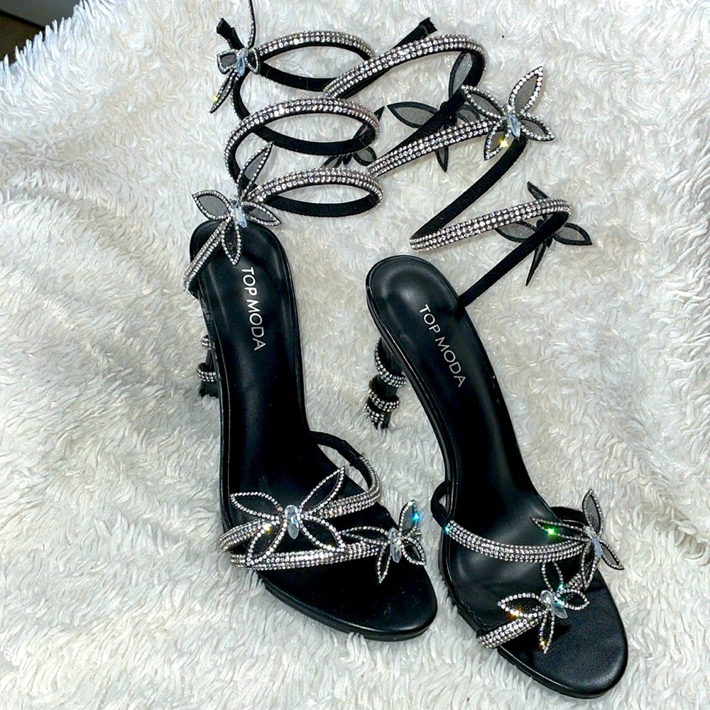 NEW TOP MODA Wrap Strappy Butterfly Heeled Sandals Butterfly Rhinestones SZ 71/2